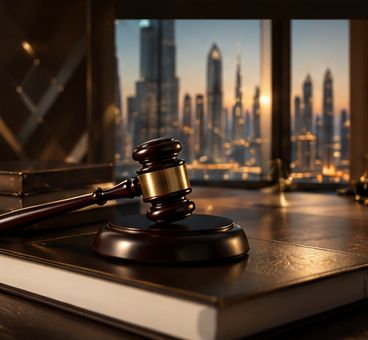 Judge's gavel on a desk overlooking the Dubai skyline