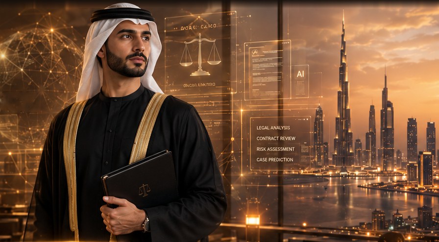 Young Emirati male lawyer in a Dubai law office with the Dubai skyline and a holographic legal AI interface at sunset
